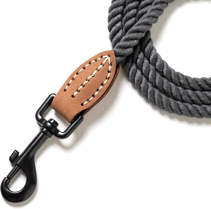 Mile High Life Dog Leash Braided Cotton Rope with Leather-Reinforced Ends | Rust-proof 360° swivel clasp, Heavy-duty for small/medium breeds. Great for weddings, daily walks (6 FT, 1/3", Dark Gray)