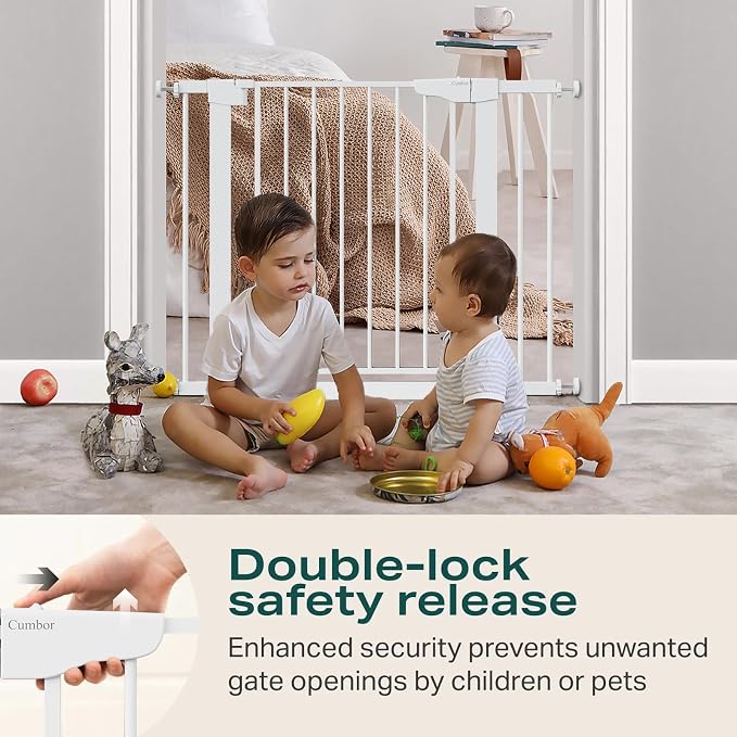 Cumbor 29.7-40.6" Baby Gate for Stairs, Mom's Choice Awards Winner-Dog Gate for Doorways, Pressure Mounted Auto-Close Pet Gates for Dogs Indoor, Safety Child Gate with Easy Walk Thru Door, White