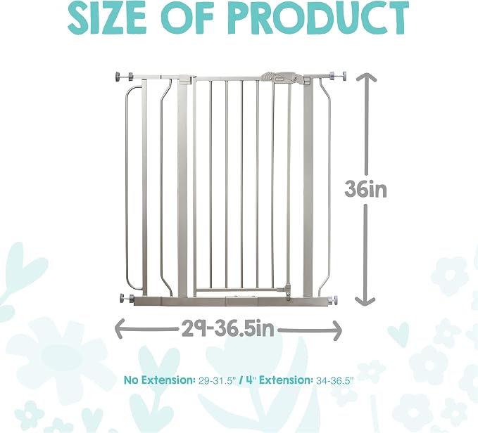 Regalo Safety 36" Extra Tall Baby Gate, Bottom of Stairs & Doorways | Fits Openings 29"-36.5" Wide, Pressure Mounted with Door, For Babies, Toddlers & Pets, Platinum