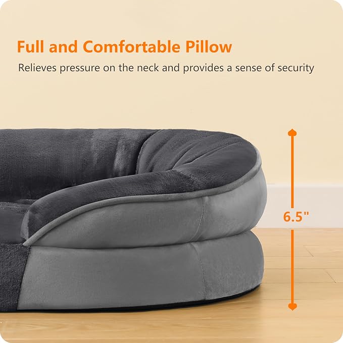 Dwanton Orthopedic Dog Bed for Large Dogs with Gel Memory Foam, Waterproof Dog Sofa, Washable Pet Bed with Four Sided Bolster Cushion, Removable Cover & Non-Slip Bottom, 42", Dark Grey