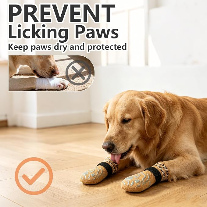 EXPAWLORER Dog Socks for Hot Pavement to Prevent Licking Paws, Non-Slip Dog Grippy Booties Shoes for Hardwood Floors, Traction Control Boots & Paw Protectors for Small Medium Large Senior Dogs Khaki S