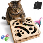 Cat Scratch Puzzle Enrichment Box, Wooden Interactive Toy for Indoor Cat | Cat Nail File Scratcher Box,Feather Wands & 3 Bell Balls, Claw Saver Box with 2 Sandpaper Nail Trim for Cats Kitten