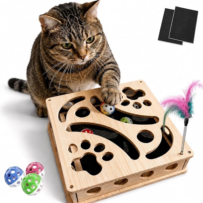 Cat Scratch Puzzle Enrichment Box, Wooden Interactive Toy for Indoor Cat | Cat Nail File Scratcher Box,Feather Wands & 3 Bell Balls, Claw Saver Box with 2 Sandpaper Nail Trim for Cats Kitten