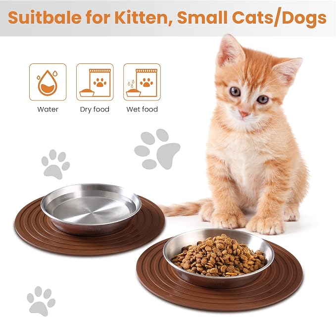 Cat Food Bowls, 2 Pcs Stainless Steel Cat Food and Water Bowls, Whisker Fatigue Shallow Cat Dishes, Small Dog Puppies Fat Faced Cat Kitten Supplies