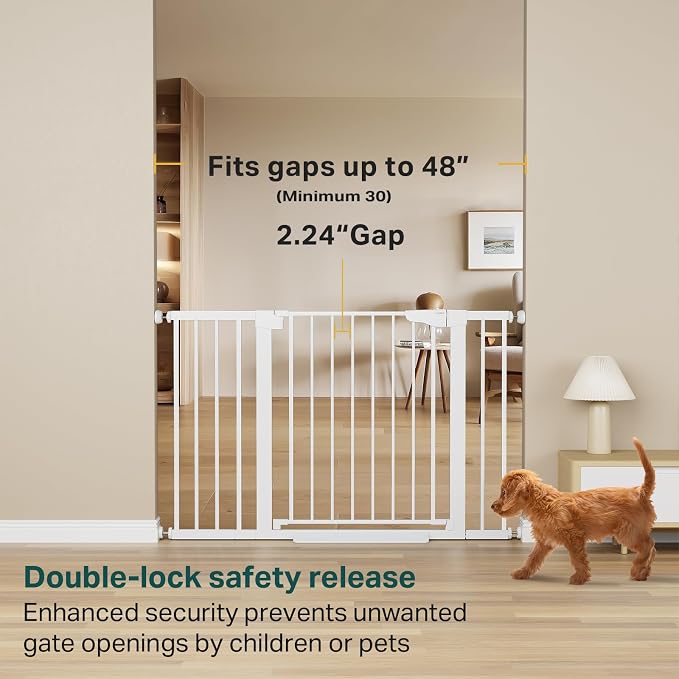 Cumbor Pack of 2 Baby Gate for Stairs, 29.7–48" Pressure Mounted Dog Gate for Doorways, Auto Close Safety Pet Gate Indoor, Easy Walk Thru Wide Child Gate, White, Mom's Choice Award Winner