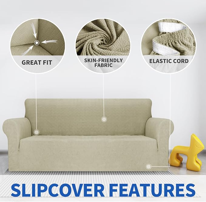 MAXIJIN Loveseat Cover Sofa Covers (55"-69"), 1-Piece Stretch Couch Covers for 2 Cushion Couch Love Seat Slipcover with Elastic Bottom for Kids,Dog (Loveseat, Diamond Pattern Khaki)