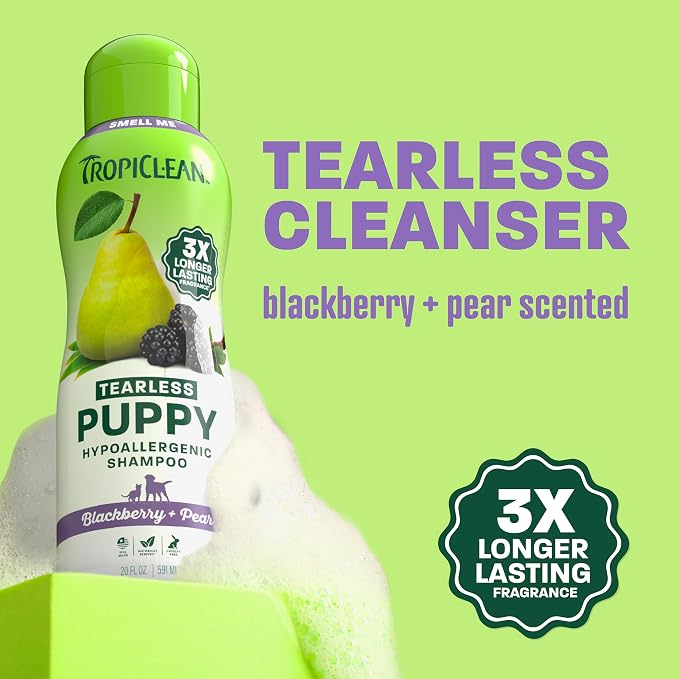 TropiClean Tearless Puppy Shampoo, 3X Long-Lasting BlackBerry Pear Scent, Hypoallergenic Dog Shampoo, Made in the USA, Cat & Kitten Friendly, 20 oz