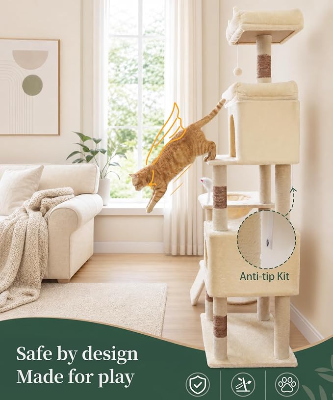 68 Inches Heavy Duty Cat Tree for Indoor Cat, Big Cat Tower | Cat Houses & Tree Tower with 2 Condos, Sisal Scratching Posts & Large Platform for Indoor Cats Large Adult, Beige