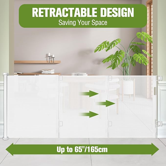 65" Wide Retractable Baby Gate for Doorways Retractable Dog Gate for Stairs | Space-Saving Indoor/Outdoor Retractable Gate, Easy One-Hand Operation Safety Lock, Scratch-Resistant Mesh, Easy Install/White