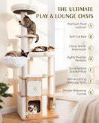 63" Heavy Duty Cat Tree for Indoor Cats, Sturdy Cat Tower for Large Cats with Scratching Post, Plush Top Perch, Cat Condo (Natural Wood)