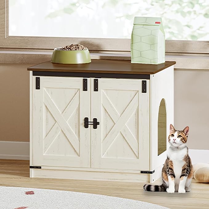 Hzuaneri Cat Litter Box Enclosure, Hidden Litter Box Furniture with Divider | Wooden Cat Cabinet with Removable Dividers, Reversible Entrance Left or Right Side, Cat Washroom, Rustic White Brown CB84514X