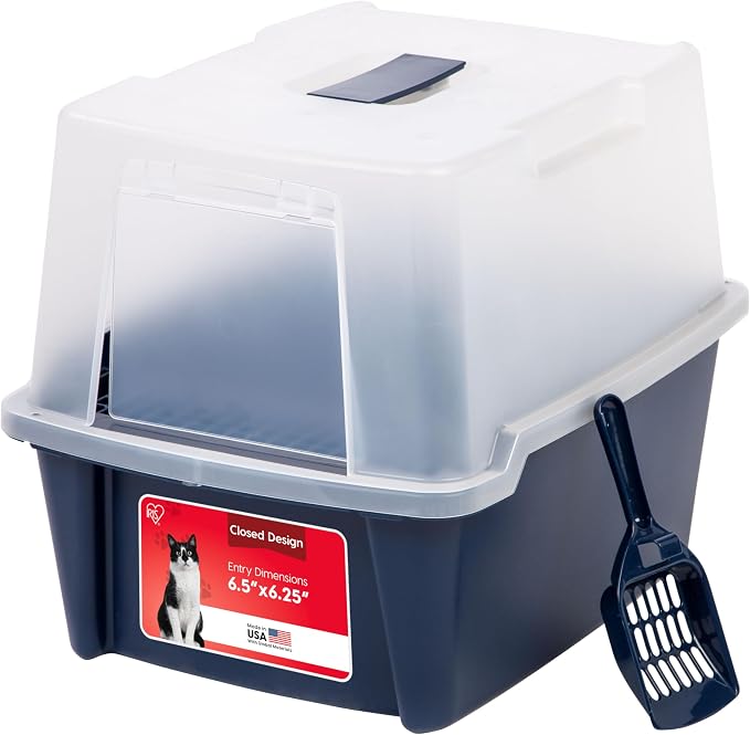 IRIS USA Large Front Door Cat Litter Box, Walk-in Entry, Navy | Easy Access Needs, Private Enclosure Design, Covered Walk-Through, Contained Environment, Privacy Hood