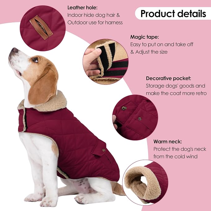 Winter Coat for Medium Dogs, Dog Plaid Jacket, Pets Coat for Cold Weather, Windproof Warm Garments, Pet Thickened Outfits Indoor Outdoor, Burgundy M