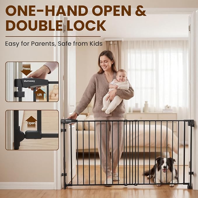 Mumeasy 30" Tall Baby Gate for Stairs, 36.2-55.1" Expandable Hardware Mounted (Drill Needed), Removable No Bottom Bar Dog Gate, Auto Close Wide Walk Thru Safety Gate for Doorways, Pets& Toddlers,Black