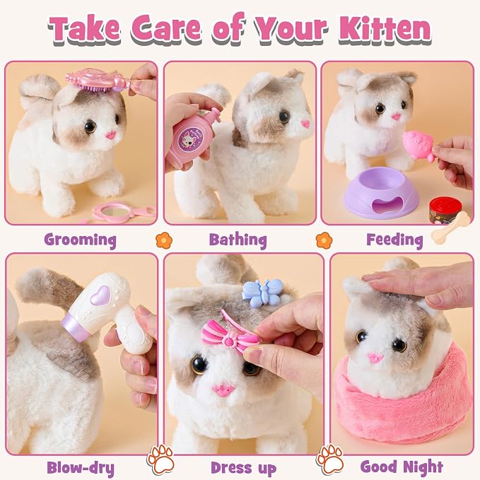 TUZT 17 PCS Cat Toys for Kids Girls, Realistic Walking Meowing Robot Cat Plush with Accessories, Pretend Play Pet Care Playset Toddler Girl Toy for 3 4 5 6 7 8, Birthday Gift for little Girl 3-8 Years