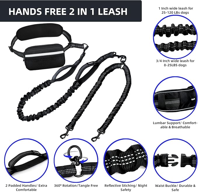 Uppetly Hands Free Double Dog Leash with Pouch, Dual Leash for 2 Dogs with Reflective Padded Handles, Durable Bungee and Lumbar Waist Belt for Walking, Jogging and Running (Medium/Large, 25-120 lbs)
