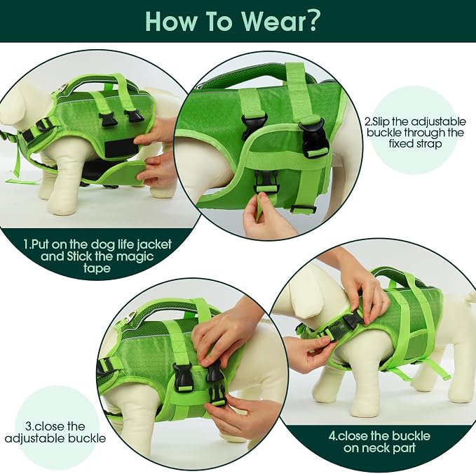 Kuoser Dog Life Jacket, High Flotation Reflective Dog Life Vest, Green, L | Adjustable Dog Lifejackets for Small Medium Large Dogs, Lifevest with Rescue Handle for Swimming, Boating, Lake, Beach & Pool