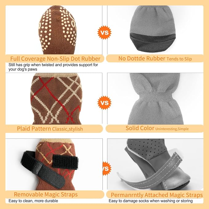 4Pcs Anti Slip Dog Socks to Prevent Licking Paws, Dog Shoes for Hardwood Floors with Grip, Double Sides Dog Boots & Paw Protectors Booties for Small Medium Large Senior Dogs(Brown XL)