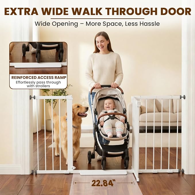 Mumeasy 29.7-57" Extra Wide Baby Gate, Auto Close Large Dog Gate for Doorways, No Drilling Pressure Mounted Pet Safety Gate for Stairs, Easy Walk Through Child Gate for Hallways, House, Indoor, White
