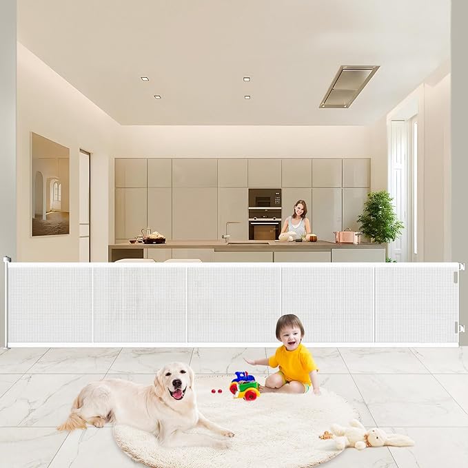 Pawtners Retractable Baby Gates Extra Wide, 41" Tall x 120" Wide, White | Dog Gate Indoor for Stairs, Pet Gate with Support Rods for Doorways Hallways Indoor & Outdoor