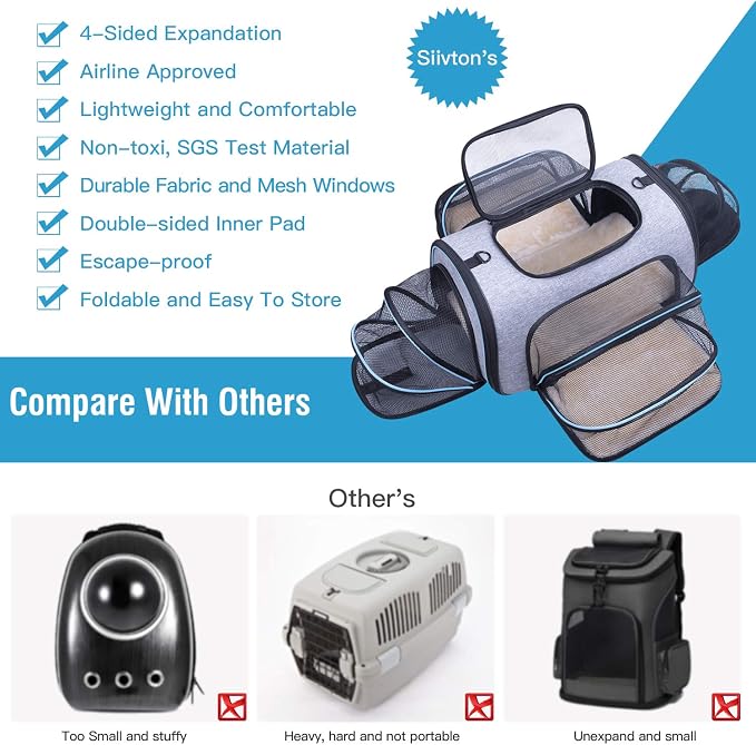 Siivton Pet Carrier Airline Approved, 4 Sides Expandable Cat Carrier Bag with Removable Fleece Pad, Large Soft Sided Pet Travel Carrier, Dog Carrier for Cats, Puppy and Small Dogs