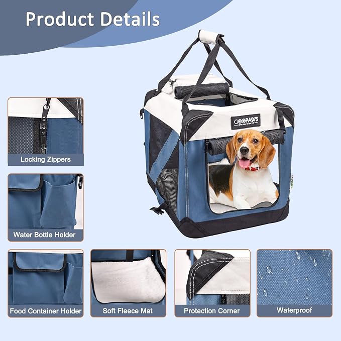 JESPET Soft Dog Crates Kennel for Pets, 3 Door Soft Sided Folding Travel Pet Carrier with Straps and Fleece Mat for Dogs, Cats(6-Lake Blue, Small(24" L x 16.5" W x 16.5" H))