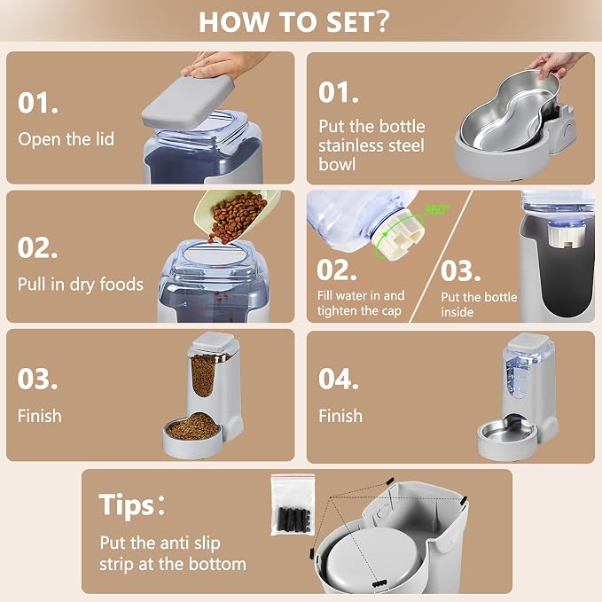 Portable Automatic Cat Feeder and Water Dispenser with Stainless Steel Bowl Dog Gravity Food Feeder and Waterer for Small Medium Pets Puppy Kitten 1 Gallon x 2 (Light Blue（3.8L*2）)