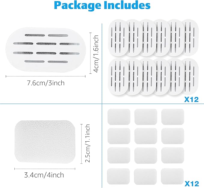 MISFANS Ceramic Cat Water Fountain Filters, 12 Filters and 12 Sponges | Triple-Layer Filter, Cotton, Activated Carbon and Ion Exchange Resin, Pre-Soak 5 Minutes, Replace Every 1-2 Weeks, Verify Fit