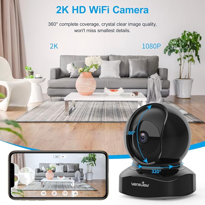 wansview 2K Indoor/Pet Cameras for Home Security, 2.4G WiFi Only, Q5 3MP B | Home Indoor Camera for Baby/Pet/Nanny, Motion Detection, 2 Way Audio Night Vision, Works with Alexa, with TF Card and Cloud