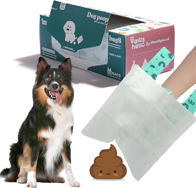 2-Ply Dog Poop Bags with Paper Towels-50 Pieces-Ultra Thick and Leakproof Pet Waste Pick-up Bags-no more warm & yuck feeling