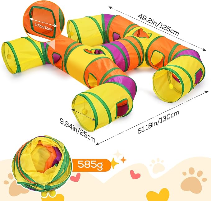 Petizer H-4-Way Collapsible Cat Tunnels for Kittens Indoor Entertainment, Washable Cute Cat Tube Toys with Interactive Playing Balls,Tear-Resistant Pet Tube, Cats, Kitten, Kitty, Puppy, Rabbit