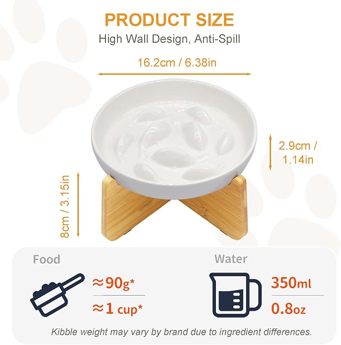 Slow Feeder Bowl for Cats and Small Dogs,Cilkus Fish Pool Design, Fun Interactive Bloat Stop Puzzle Feeder Bowl Healthy Eating Diet Made of Melamine Food Grade Material (White Ceramic-Bamboo Stand)