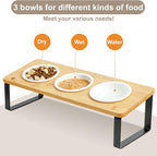 Sunhoo Raised Cat Food Water Bowl Elevated Tilted Kitty Dishes Set of 3 Ceramic Dish for Indoor Cats Orthopedic Pet Food Stand Reduces Vomiting 3 Bowl Cat Feeder Easy Assembly(Wood Color)