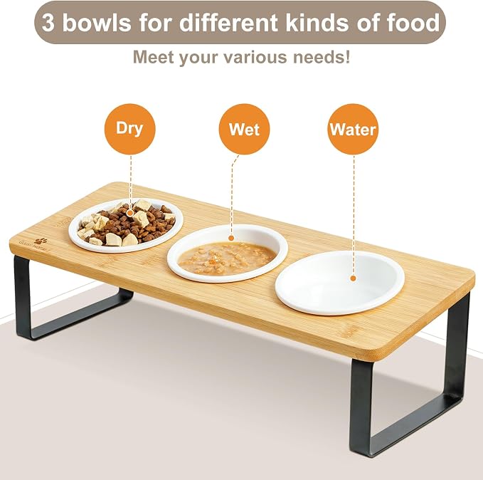 Sunhoo Raised Cat Food Water Bowl Elevated Tilted Kitty Dishes Set of 3 Ceramic Dish for Indoor Cats Orthopedic Pet Food Stand Reduces Vomiting 3 Bowl Cat Feeder Easy Assembly(Wood Color)