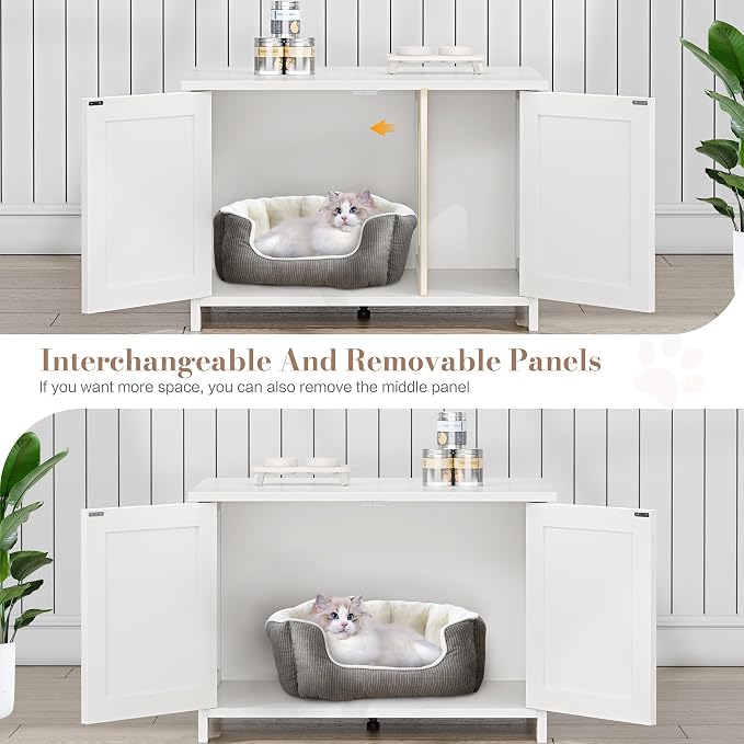 JY QAQA Cat Litter Box Enclosure,Litter Box Furniture Hidden with Barn Door,Wooden Cat Washroom Furniture,Cat House,Fit Most of Litter Box,White