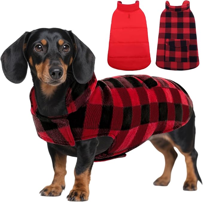 ASENKU Reversible Dog Winter Coat, Dog Jacket for Small Medium Large Dogs | Windproof Plaid Fleece Lining for Cold Weather, Water-resistant Outer Shell, Puppy Puffer Vest with Leash Hole, Red S