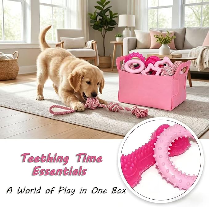 20 Pack Puppy Teething Chew Toys for Small Dogs, Bulk Dog Toys for Puppies | Pink Rubber Rings, Ropes & Balls, Puppy Teething & Dental Care, Relieves Puppy Boredom, Stops Destructive Chewing