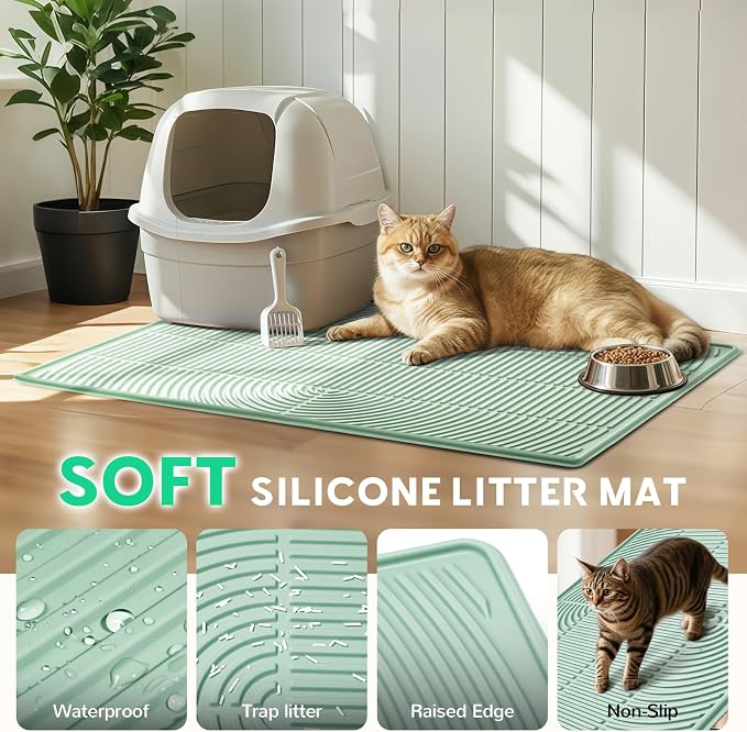 Pawtasy Cat Litter Box Mat,47" x 35" Extra Large Silicone Waterproof Litter Trapping Mat for Scatter Control Soft on Kitty Paws Non-Slip Easy to Clean