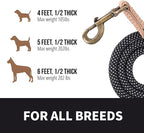 Mile High Life Dog Leash with Genuine Leather Connection, Reflective | Rope Leash, Heavy Duty 360° Swivel Metal Clasp, for Small Medium & Large Dogs Walking (Black, 60 Inch-1/2)