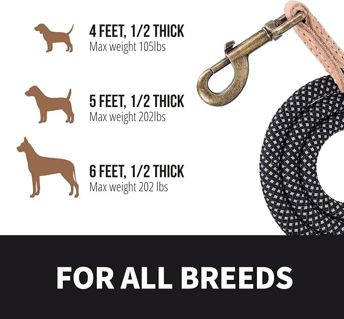 Mile High Life Dog Leash with Genuine Leather Connection, Reflective | Rope Leash, Heavy Duty 360° Swivel Metal Clasp, for Small Medium & Large Dogs Walking (Black, 60 Inch-1/2)