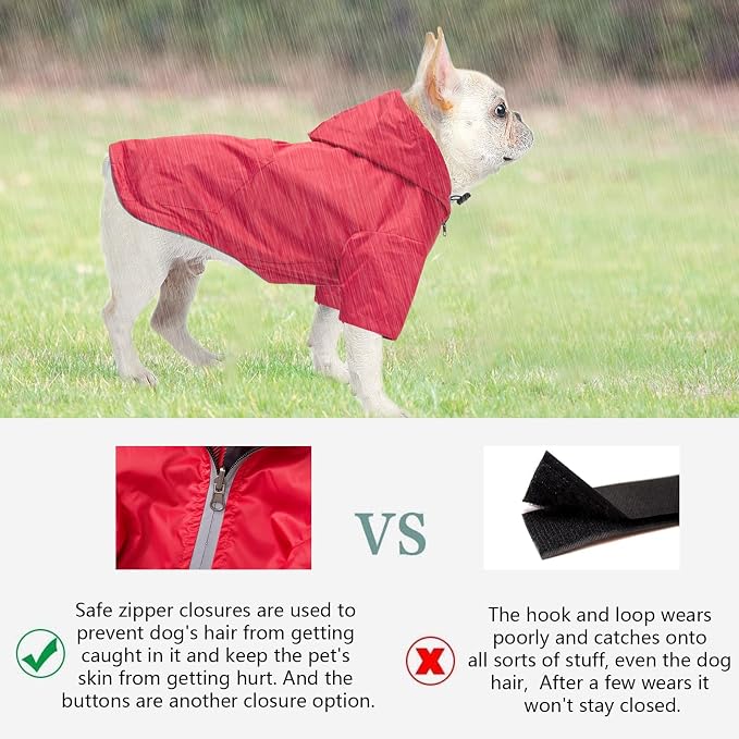 Dog Raincoat Dogs Waterproof Reversible rain Jacket Dog Small Medium Breeds Reflective Zipper Storage Pocket Harness Hole - Red - S