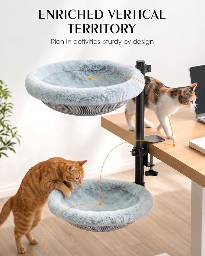 2-Tier Cat Desk Bed, Purrlato Lockable 360° Swivel, Steel Frame, 15.7-Inch | for Large Cats, Adjustable Clamp 0.5-3", Dual-Sided Cushion, 11-14" Height, No-Drill Mount, Machine Washable, Anti-Slip Base