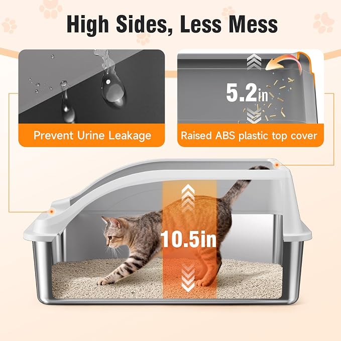 2PACK Stainless Steel Cat Litter Boxes XL Large Metal Pan Include Scoop | High Sides Lid Odor Free Easy Cleaning Anti-Scratch Anti-Urine Leakage Non-Sticky