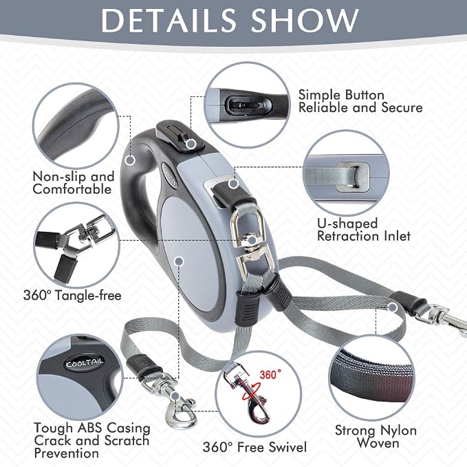 KOOLTAIL Dual Retractable Dog Leash for Two Dogs Up to 110 Lbs, Heavy Duty Double Headed 16 ft Extendable 360° Tangle-Free One Button & Lock Brake Dog Leash for Small Medium Large Dogs Grey