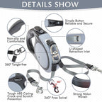 KOOLTAIL Dual Retractable Dog Leash for Two Dogs Up to 110 Lbs, Heavy Duty Double Headed 16 ft Extendable 360° Tangle-Free One Button & Lock Brake Dog Leash for Small Medium Large Dogs Grey