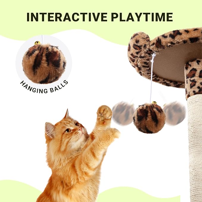 Allewie 64 Inches Cat Tree Tower/Multi-Level Activity Center for Indoor Big Felines/2 Plush Condos/2 Perchs/Basket/House/Sisal Scratching Posts/Hanging Cat Toys/Leopard Print