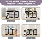 LZRS 3-Panel Freestanding Wooden Dog Gate—30" Tall Foldable Pet Barrier with Support Feet, Chew-Resistant Solid Hardwood & Steel Wire Safety Fence for Doorways, Hallways, and Stairs, Black