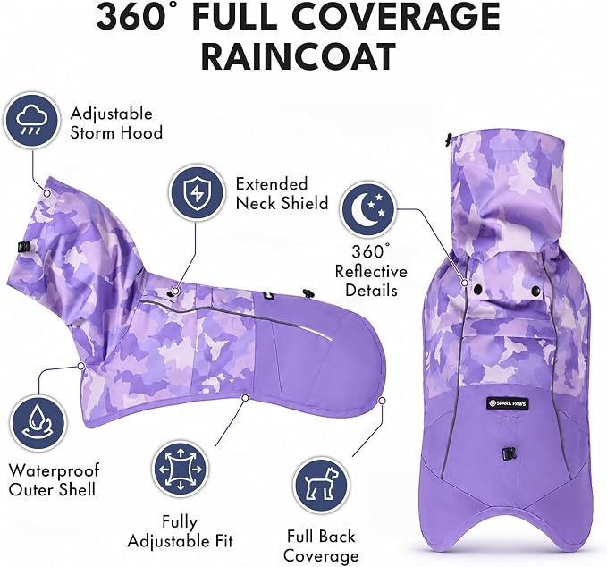 Spark Paws Dog Raincoat, Waterproof Windproof Rain Jacket, for Small Medium Large Extra Large Dogs, Reflective Breathable Full-Body Coverage Dry Suit - Camo Purple - L