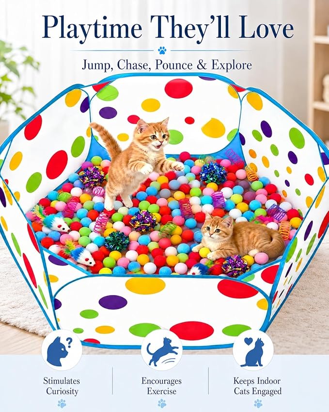 Cat Ball Pit with 227 Pcs Interactive Cat Toys, Enrichment Toys for Bored Indoor Cats Self Play, Include Pom Pom Balls Jingle and Crinkle Balls, Springs and Mice Toy for Kitten Fun and Exercise