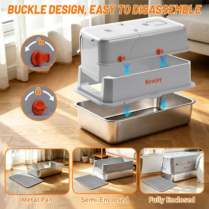Stainless Steel Litter Box with Lid & Cat Litter Scoop Mat Grey | Deodorizer Cat Metal Litter Box High Sided Enclosure Covered Litter Box Extra Large Litter Boxes for Big Cats